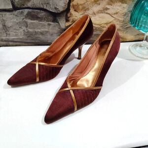 Beira Rio Brown Satin Heels Crisscross Metallic Bronze Trim US 7 Brazil